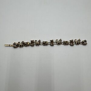 Vintage Avon Gold Tone Sliding Cat Charm Bracelet Rhinestone Red Heart Marked SP